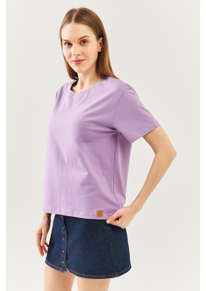 Lila Oversize Rahat Pamuklu Penye Bisiklet Yaka Kısa Kol Basic T-Shirt
