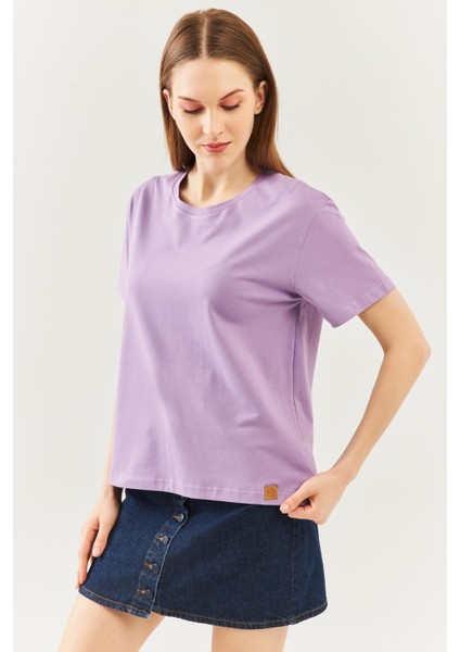 Lila Oversize Rahat Pamuklu Penye Bisiklet Yaka Kısa Kol Basic T-Shirt fırsatları