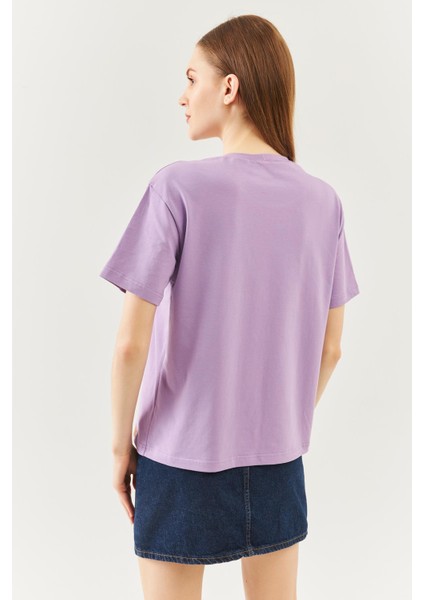 Lila Oversize Rahat Pamuklu Penye Bisiklet Yaka Kısa Kol Basic T-Shirt indirimleri