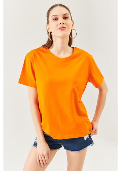 Turuncu Oversize Rahat Pamuklu Penye Bisiklet Yaka Kısa Kol Basic T-Shirt