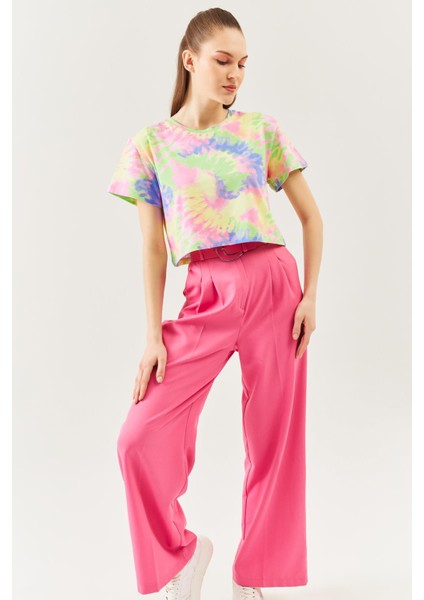 Batik Gökkuşağı Oversize Rahat %100 Pamuklu Penye Bisiklet Yaka Kısa Kol Basic Crop T-Shirt