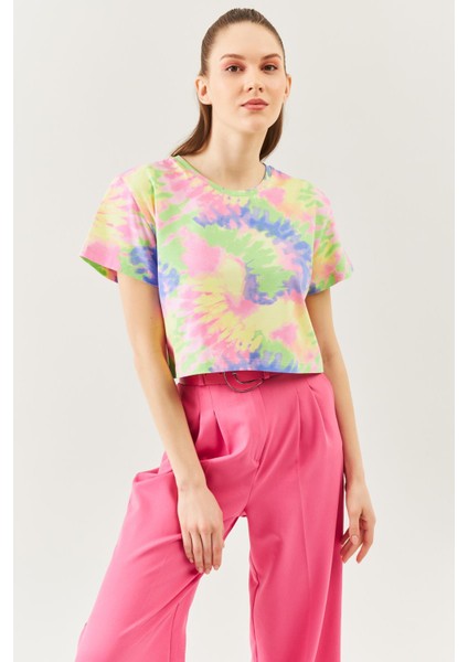 Batik Gökkuşağı Oversize Rahat %100 Pamuklu Penye Bisiklet Yaka Kısa Kol Basic Crop T-Shirt fiyatları