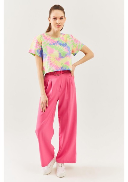 Batik Gökkuşağı Oversize Rahat %100 Pamuklu Penye Bisiklet Yaka Kısa Kol Basic Crop T-Shirt fırsatları