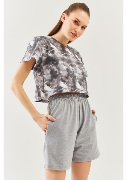 Batik Gri Oversize Rahat %100 Pamuklu Penye Bisiklet Yaka Kısa Kol Basic Crop T-Shirt
