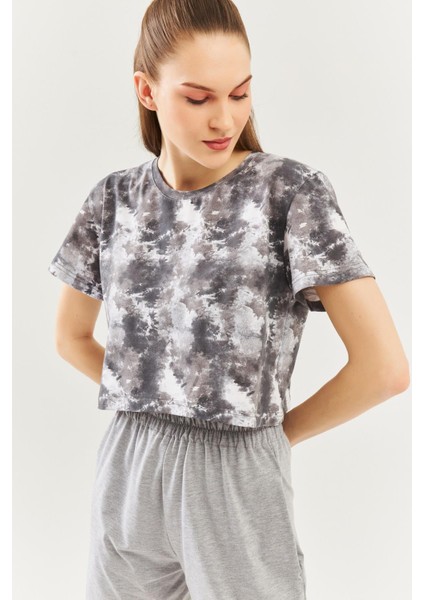 Batik Gri Oversize Rahat %100 Pamuklu Penye Bisiklet Yaka Kısa Kol Basic Crop T-Shirt