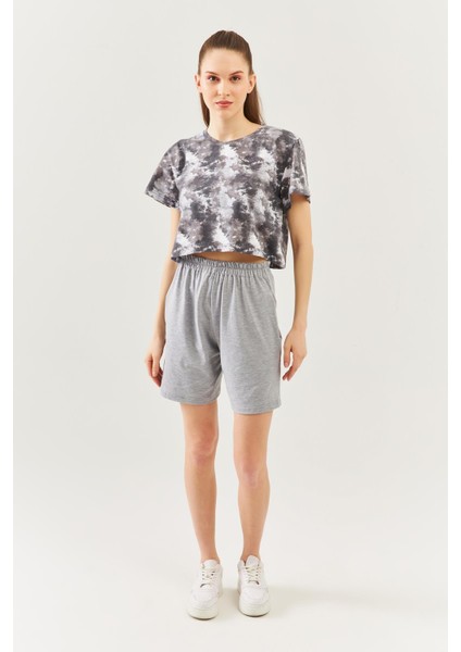Batik Gri Oversize Rahat %100 Pamuklu Penye Bisiklet Yaka Kısa Kol Basic Crop T-Shirt