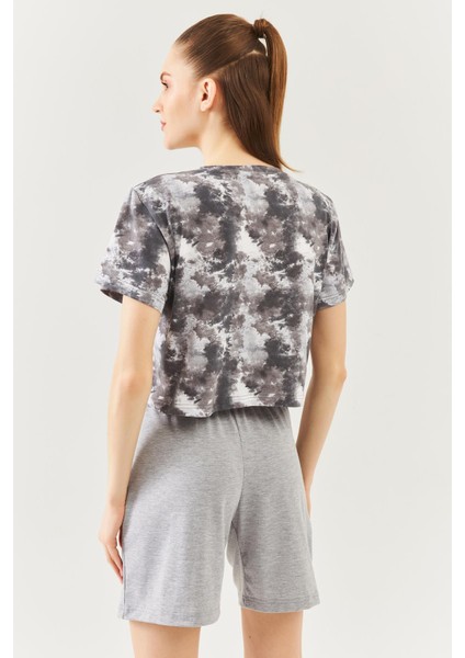 Batik Gri Oversize Rahat %100 Pamuklu Penye Bisiklet Yaka Kısa Kol Basic Crop T-Shirt