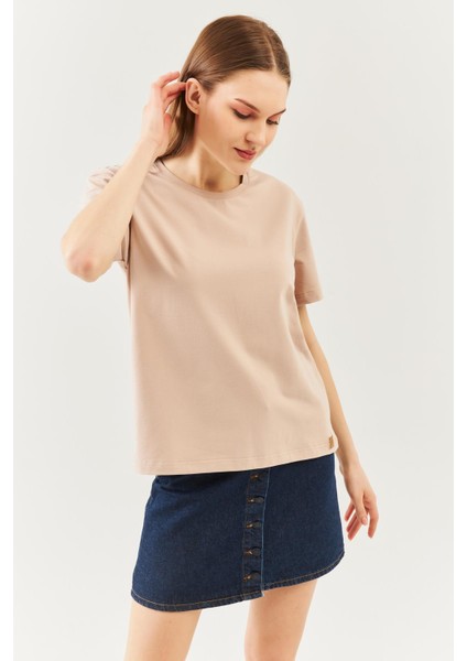 Açık Kahve Oversize Rahat %100 Pamuklu Penye Bisiklet Yaka Kısa Kol Basic T-Shirt fiyatları