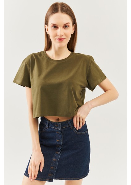 Haki Oversize Rahat %100 Pamuklu Penye Bisiklet Yaka Kısa Kol Basic Crop T-Shirt