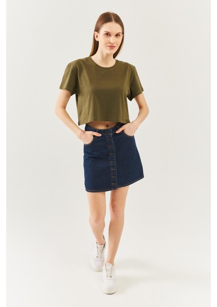 Haki Oversize Rahat %100 Pamuklu Penye Bisiklet Yaka Kısa Kol Basic Crop T-Shirt modelleri