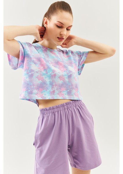 Batik Aqua Oversize Rahat %100 Pamuklu Penye Bisiklet Yaka Kısa Kol Basic Crop T-Shirt