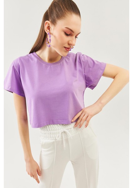 Lila Oversize Rahat %100 Pamuklu Penye Bisiklet Yaka Kısa Kol Basic Crop T-Shirt