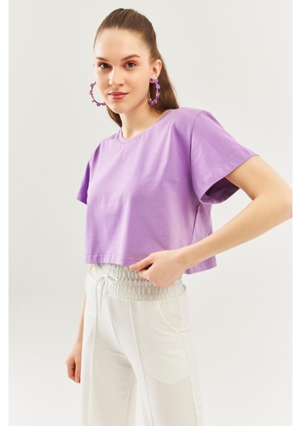 Lila Oversize Rahat %100 Pamuklu Penye Bisiklet Yaka Kısa Kol Basic Crop T-Shirt modelleri