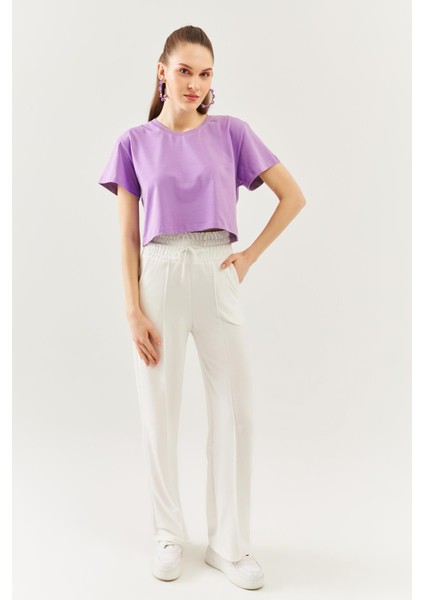 Lila Oversize Rahat %100 Pamuklu Penye Bisiklet Yaka Kısa Kol Basic Crop T-Shirt fırsatları