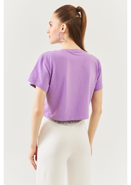 Lila Oversize Rahat %100 Pamuklu Penye Bisiklet Yaka Kısa Kol Basic Crop T-Shirt indirimleri