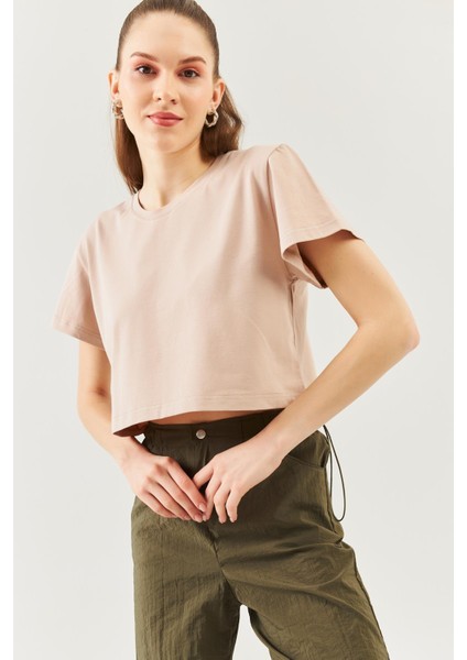 Açık Kahve Oversize Rahat %100 Pamuklu Penye Bisiklet Yaka Kısa Kol Basic Crop T-Shirt fiyatları
