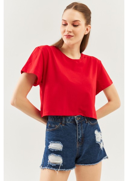 Kırmızı Oversize Rahat %100 Pamuklu Penye Bisiklet Yaka Kısa Kol Basic Crop T-Shirt fiyatları