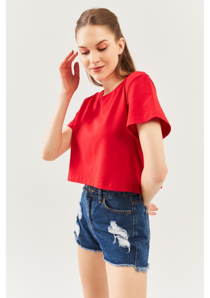 Kırmızı Oversize Rahat %100 Pamuklu Penye Bisiklet Yaka Kısa Kol Basic Crop T-Shirt modelleri