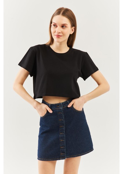 Siyah Oversize Rahat %100 Pamuklu Penye Bisiklet Yaka Kısa Kol Basic Crop T-Shirt