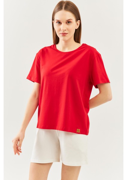Kırmızı Oversize Rahat Pamuklu Penye Bisiklet Yaka Kısa Kol Basic T-Shirt
