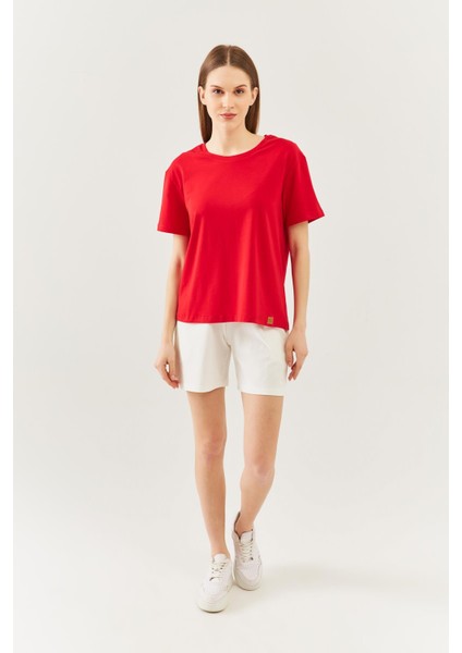 Kırmızı Oversize Rahat Pamuklu Penye Bisiklet Yaka Kısa Kol Basic T-Shirt fiyatları