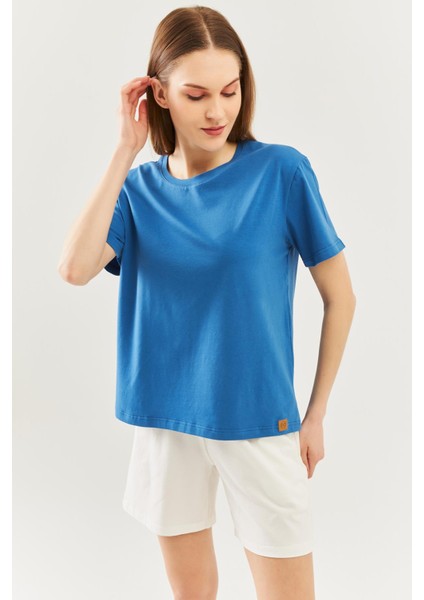 Mavi Oversize Rahat Pamuklu Penye Bisiklet Yaka Kısa Kol Basic T-Shirt