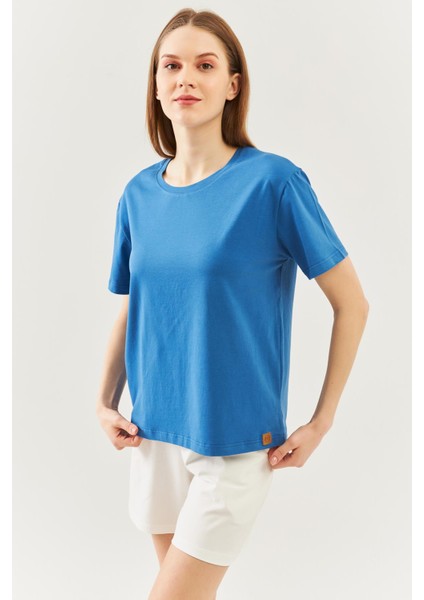 Mavi Oversize Rahat Pamuklu Penye Bisiklet Yaka Kısa Kol Basic T-Shirt modelleri