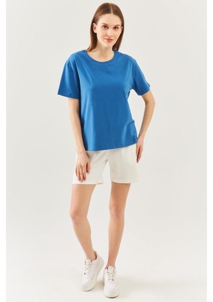 Mavi Oversize Rahat Pamuklu Penye Bisiklet Yaka Kısa Kol Basic T-Shirt fırsatları