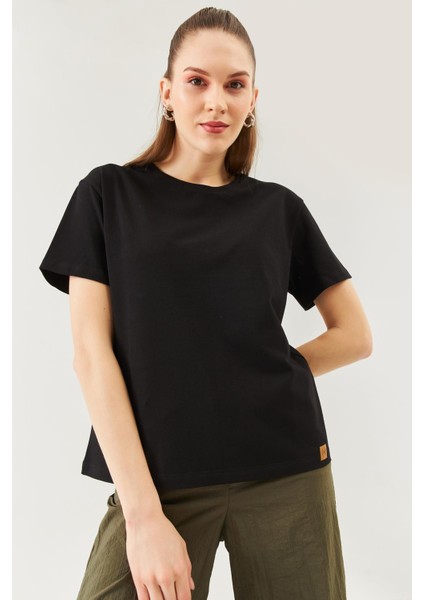 Siyah Oversize Rahat Pamuklu Penye Bisiklet Yaka Kısa Kol Basic T-Shirt