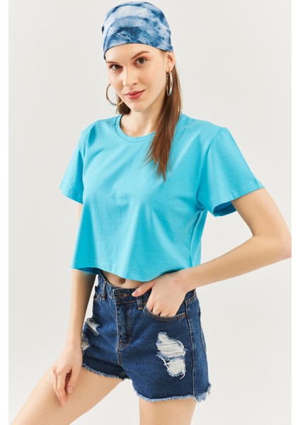 Aqua Oversize Rahat Pamuklu Penye Bisiklet Yaka Kısa Kol Basic Crop T-Shirt