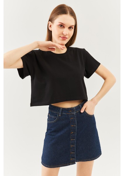 Siyah Oversize Rahat Pamuklu Penye Bisiklet Yaka Kısa Kol Basic Crop T-Shirt fiyatları