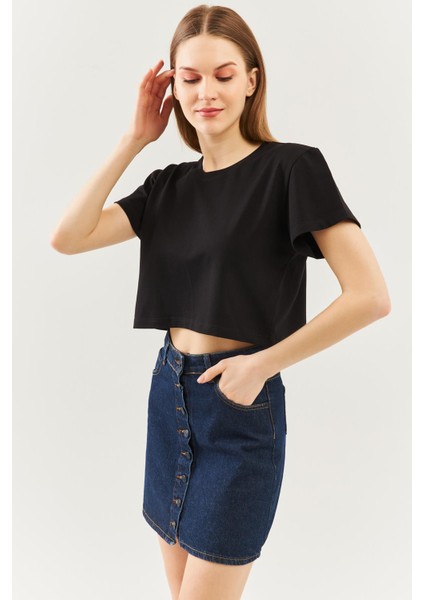 Siyah Oversize Rahat Pamuklu Penye Bisiklet Yaka Kısa Kol Basic Crop T-Shirt modelleri