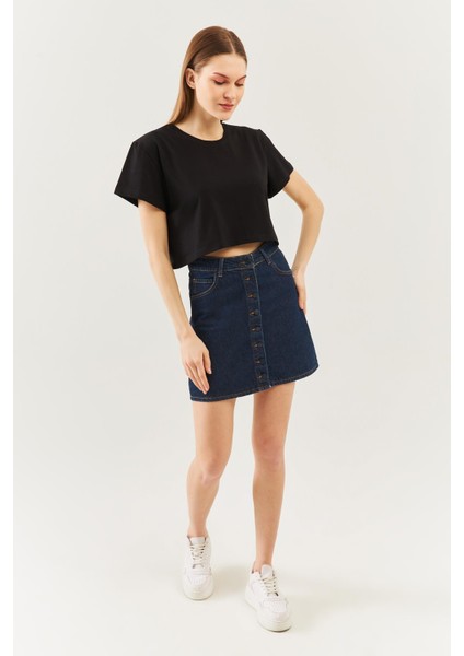 Siyah Oversize Rahat Pamuklu Penye Bisiklet Yaka Kısa Kol Basic Crop T-Shirt fırsatları