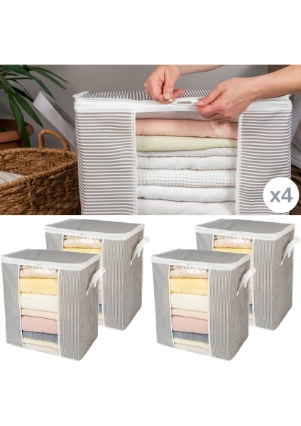 4 Adet Pencereli Çizgi Desen Baskılı Yastık Pike Battaniye Düzenleyici Hurç Seti 45x30x50 cm