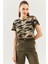 Kamuflaj Oversize Rahat Pamuklu Penye Bisiklet Yaka Kısa Kol Basic Crop T-Shirt 1