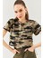 Kamuflaj Oversize Rahat Pamuklu Penye Bisiklet Yaka Kısa Kol Basic Crop T-Shirt 2