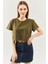 Haki Oversize Rahat %100 Pamuklu Penye Bisiklet Yaka Kısa Kol Basic Crop T-Shirt 1