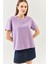 Lila Oversize Rahat Pamuklu Penye Bisiklet Yaka Kısa Kol Basic T-Shirt 2