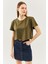Haki Oversize Rahat %100 Pamuklu Penye Bisiklet Yaka Kısa Kol Basic Crop T-Shirt 2