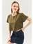 Haki Oversize Rahat %100 Pamuklu Penye Bisiklet Yaka Kısa Kol Basic Crop T-Shirt 4