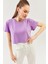 Lila Oversize Rahat %100 Pamuklu Penye Bisiklet Yaka Kısa Kol Basic Crop T-Shirt 1