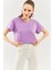 Lila Oversize Rahat %100 Pamuklu Penye Bisiklet Yaka Kısa Kol Basic Crop T-Shirt 2