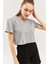 Gri Oversize Rahat %100 Pamuklu Penye Bisiklet Yaka Kısa Kol Basic Crop T-Shirt 2