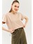 Açık Kahve Oversize Rahat %100 Pamuklu Penye Bisiklet Yaka Kısa Kol Basic Crop T-Shirt 1