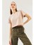 Açık Kahve Oversize Rahat %100 Pamuklu Penye Bisiklet Yaka Kısa Kol Basic Crop T-Shirt 4