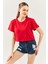 Kırmızı Oversize Rahat %100 Pamuklu Penye Bisiklet Yaka Kısa Kol Basic Crop T-Shirt 1
