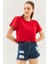 Kırmızı Oversize Rahat %100 Pamuklu Penye Bisiklet Yaka Kısa Kol Basic Crop T-Shirt 2