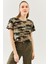 Kamuflaj Oversize Rahat Pamuklu Penye Bisiklet Yaka Kısa Kol Basic Crop T-Shirt 3