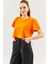 Turuncu Oversize Rahat Pamuklu Penye Bisiklet Yaka Kısa Kol Basic Crop T-Shirt 1