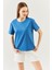 Mavi Oversize Rahat Pamuklu Penye Bisiklet Yaka Kısa Kol Basic T-Shirt 2